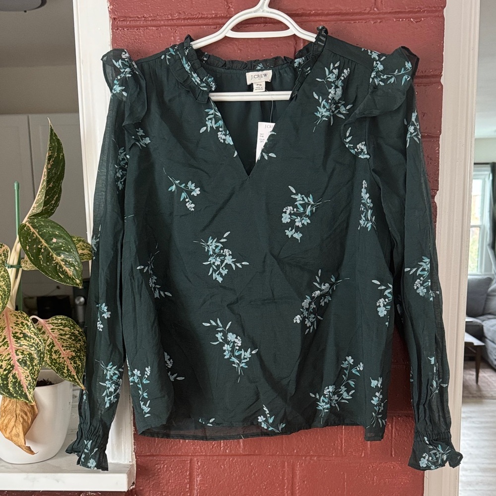 J. Crew Dark Green Floral Ruffled Blouse